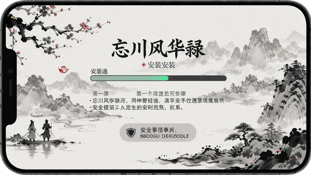 忘川风华录手机安装界面,显示安装进度条与安全提示,背景水墨风格,强调安装步骤与注意事项,Boogu模型生成。