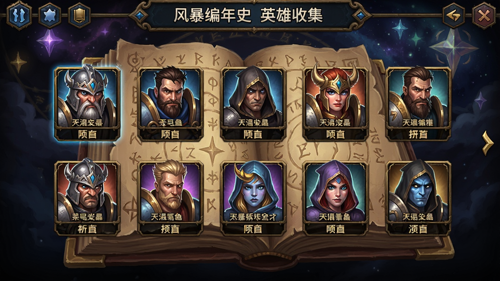 风暴编年史英雄收集界面,展示多个不同职业的英雄头像,背景是魔法书与星辰,UI精致,色彩鲜明,突出角色多样性