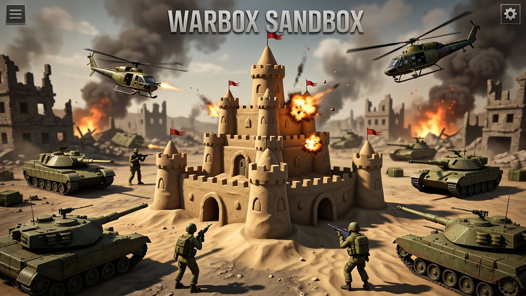 Warbox Sandbox 游戏主界面展示,画面中央为一座正在被轰炸的沙堡,周围散布着坦克、直升机与步兵,背景是硝烟弥漫的战场废墟,色调以灰黄和橙红为主,细节丰富,光影真实,适合作为游戏宣传图