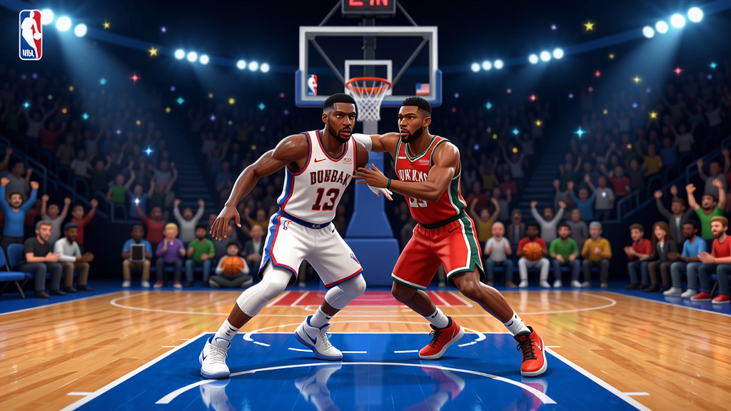 展示NBA篮球世界游戏主界面,充满动感的篮球场中央,两名球员正在对抗,背景为星光熠熠的观众席,色彩鲜艳,细节丰富,适配Boogu模型生成