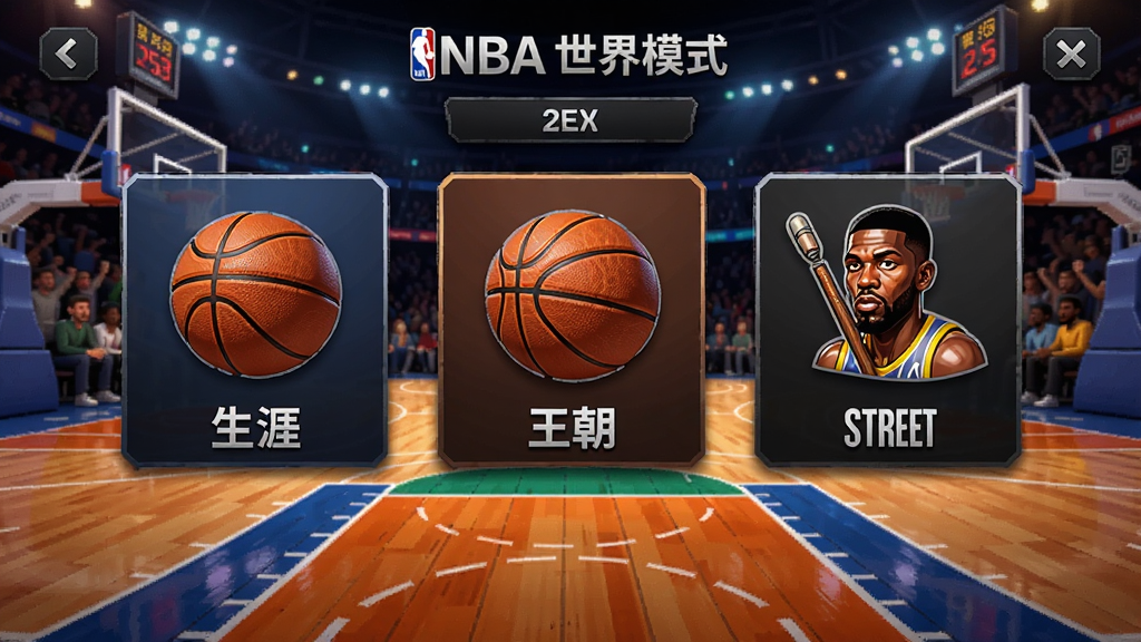 NBA篮球世界模式选择界面,展示生涯、王朝、街头等不同模式的入口图标,背景为动态球场,色彩缤纷,适配Boogu模型生成