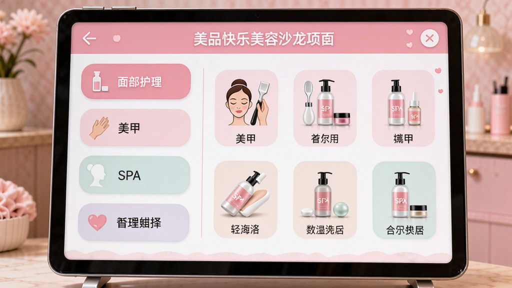 快乐美容沙龙美容项目选择面板,屏幕左侧列出项目分类如面部护理、美甲、SPA等,右侧显示对应工具和产品图标,UI设计简洁明快,色彩粉嫩