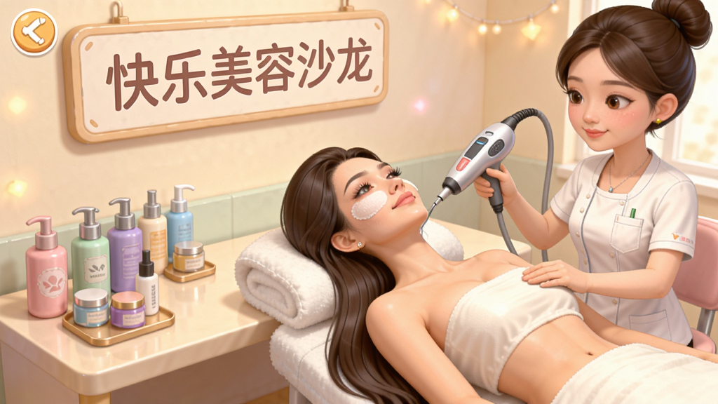 快乐美容沙龙游戏内经营界面,一位长发女性顾客正在接受面部护理,美容师手持仪器操作,桌面上摆放着瓶瓶罐罐,背景墙上挂着“快乐美容沙龙”招牌,色调柔和温暖