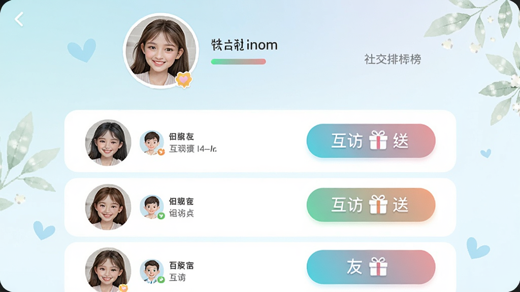 快乐美容沙龙社交排行榜界面,顶部显示玩家头像和昵称,下方列出好友列表,有互访和送礼按钮,整体风格清新,按钮带有渐变效果