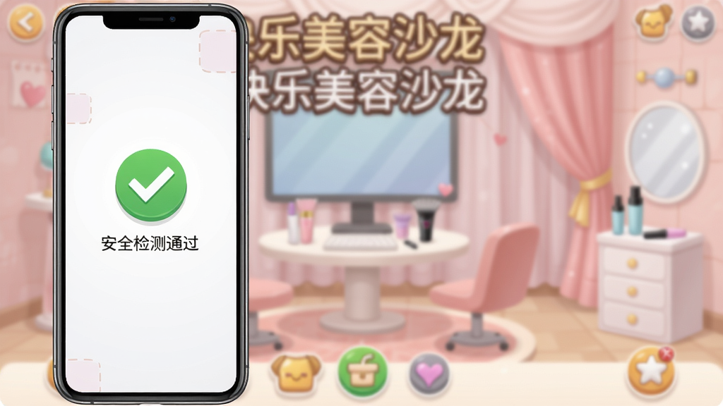 快乐美容沙龙游戏安全提示界面,手机屏幕上显示“安全检测通过”绿色图标,背景是游戏主界面模糊处理,整体风格简洁正式