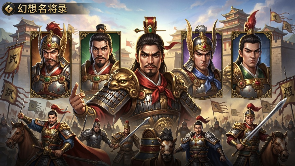 幻想名将录游戏主界面预览,展示华丽的武将立绘和战场场景,背景为古代城池,画面色彩鲜艳,人物细节丰富,整体风格大气磅礴