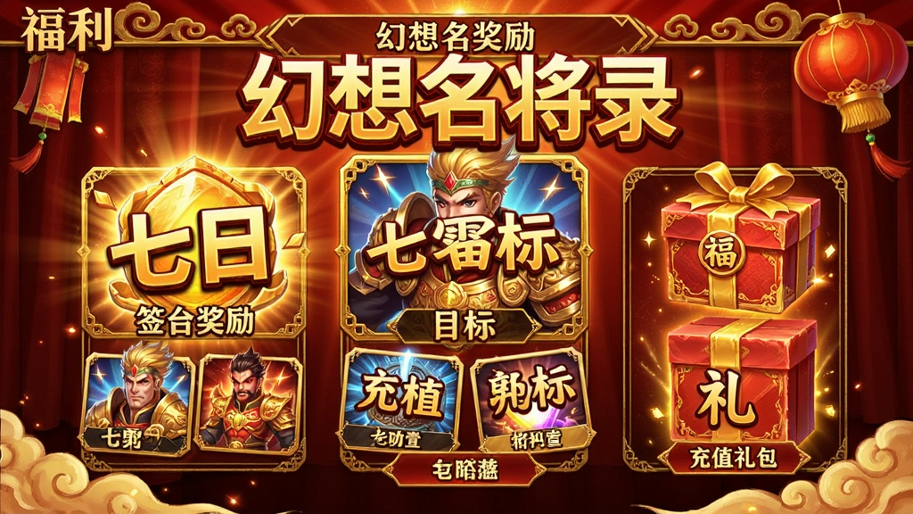 幻想名将录福利界面,显示签到奖励、七日目标、充值礼包等,界面喜庆,金色和红色为主色调,突出福利字样,礼包图标精致