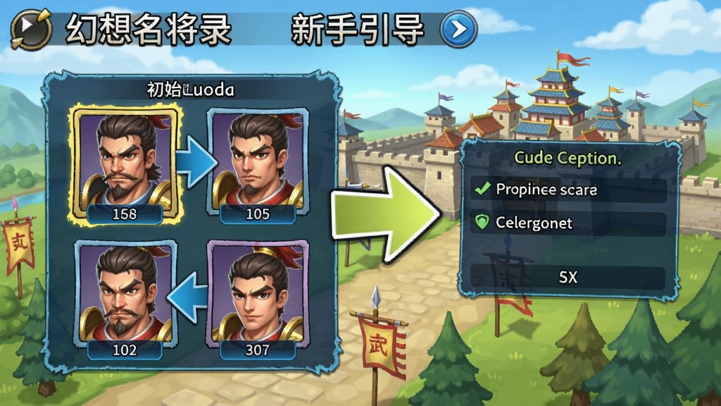 幻想名将录新手引导界面截图,显示初始武将选择和任务提示,界面简洁易懂,色彩明亮,突出引导箭头,背景为城池