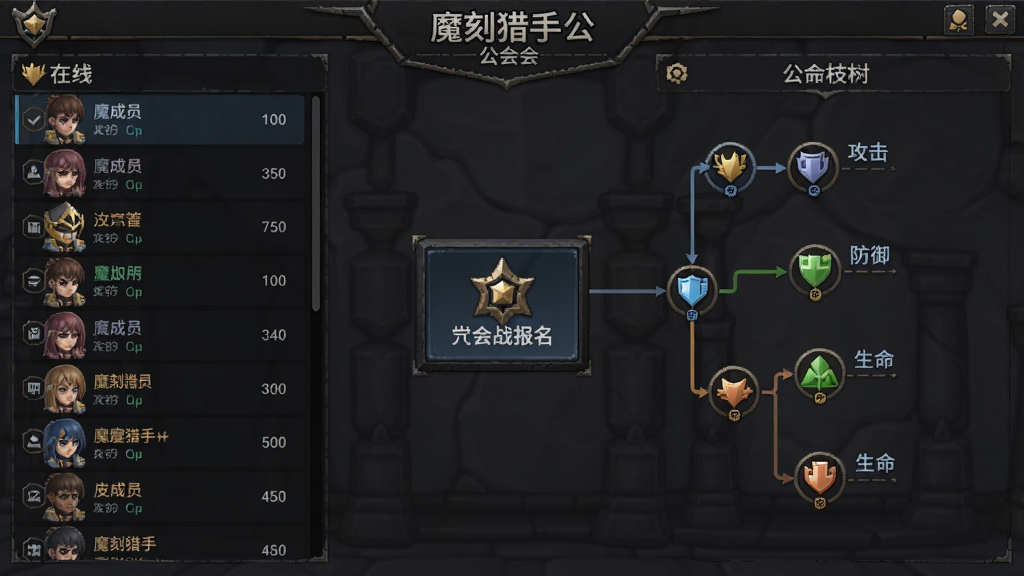 魔刻猎手公会大厅界面,左侧显示公会成员在线列表,右侧是公会科技树(包含攻击、防御、生命等分支),中央是公会战报名入口,界面风格简洁明了