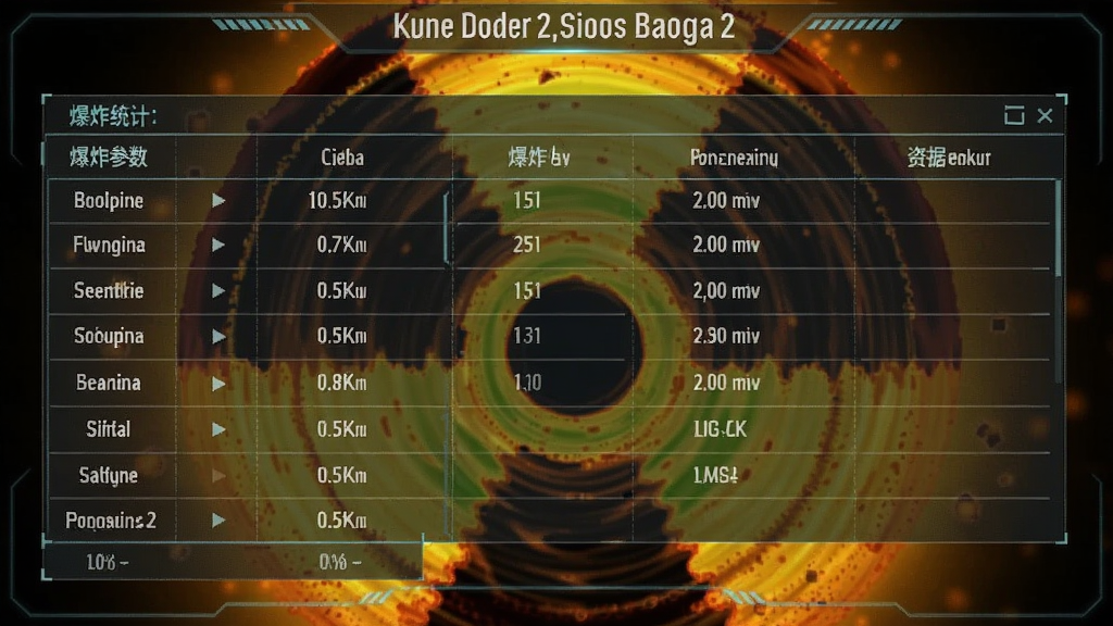 核弹模拟器2数据统计界面,表格显示爆炸参数,背景为动态辐射扩散图,界面科技感强,适配Boogu模型生成。
