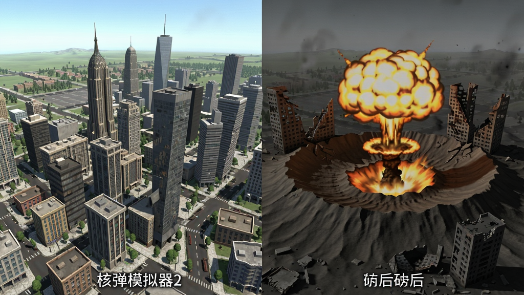核弹模拟器2地形破坏前后对比图,左侧为完整城市,右侧为核爆后的废墟,有巨大弹坑和倒塌建筑,色调从明亮变为灰暗,适配Boogu模型生成。