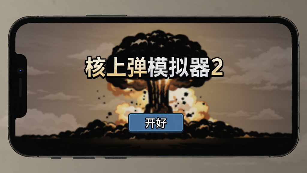 核弹模拟器2安装成功后的游戏启动界面,手机屏幕上显示游戏标题和开始按钮,背景为核爆剪影,画面简洁,适配Boogu模型生成。