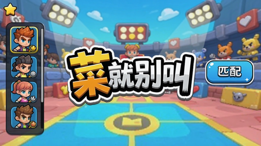 游戏主界面展示,画面中央放置《菜就别叫》游戏LOGO,背景为色彩明亮的卡通竞技场,左侧有角色选择栏,右侧显示匹配按钮,整体风格活泼,适配Boogu模型生成