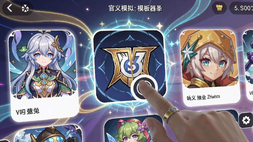 自定义抽卡模拟器的模板选择界面,屏幕上显示多个游戏卡池缩略图,如原神、崩坏3等风格化图标,用户手指正在点击其中一个,背景有流光效果,整体明亮活泼