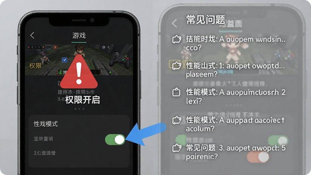 新手避坑指南示意图,手机屏幕上显示游戏设置界面,红色警告图标提示权限开启,蓝色箭头指向性能模式开关,灰色文字列出常见问题。