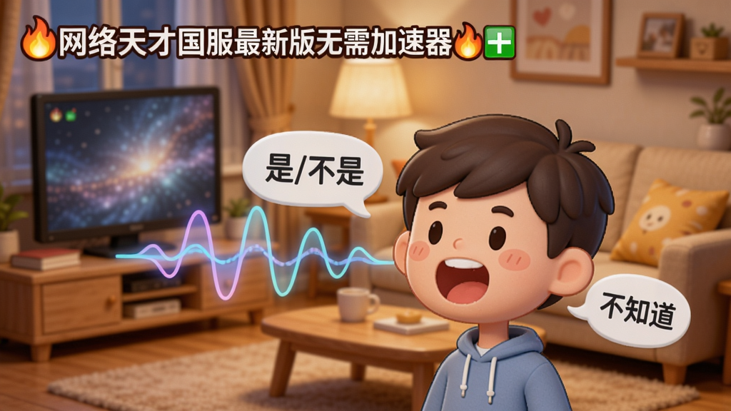 手机界面语音波浪纹动态显示,一个卡通人物嘴巴张开说话,周围有中文气泡“是/不是/不知道”,背景是温馨的家庭客厅场景,左上角火焰标题“网络天才国服最新版无需加速器”,柔和暖色调