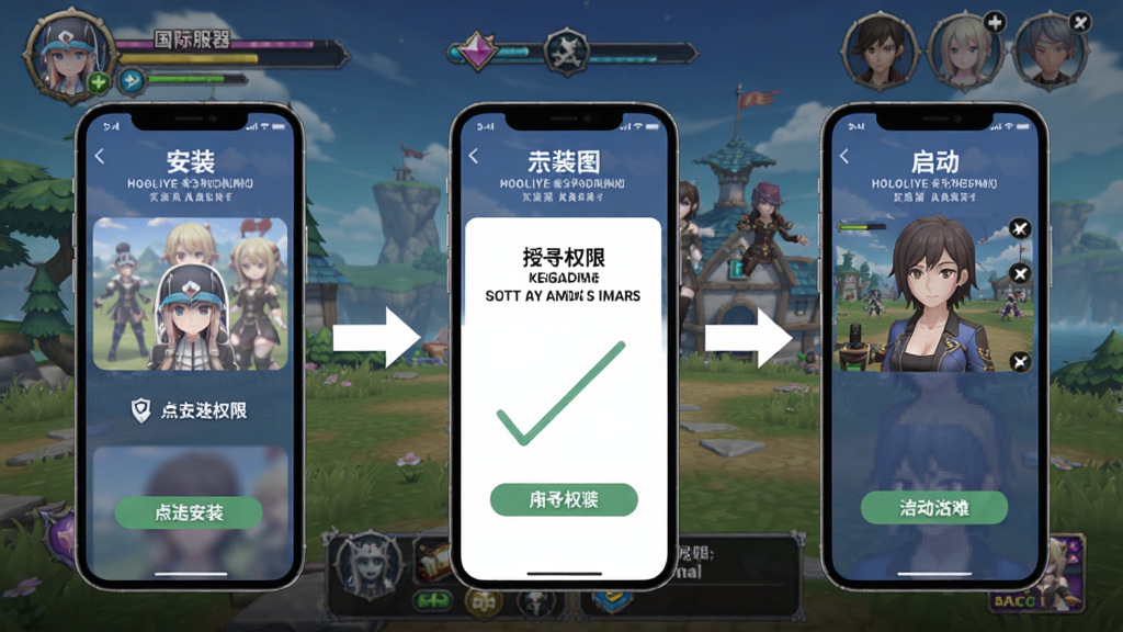 hololive梦想协曲国际服安装器使用教程步骤图,展示手机界面安装过程,三个步骤示意图:点击安装、授予权限、启动游戏,背景为游戏主界面截图,适配Boogu模型生成
