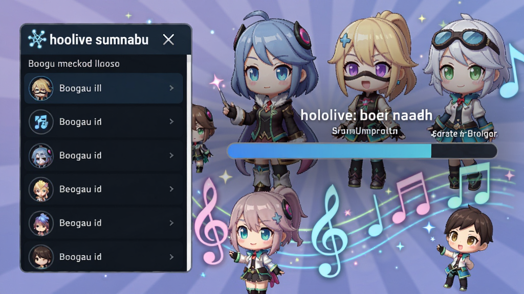 hololive梦想协奏曲国际服安装器功能展示图,左侧为智能检测列表,右侧显示下载进度条,背景为游戏角色Q版形象与音符光效,色彩明亮活泼,适配Boogu模型生成
