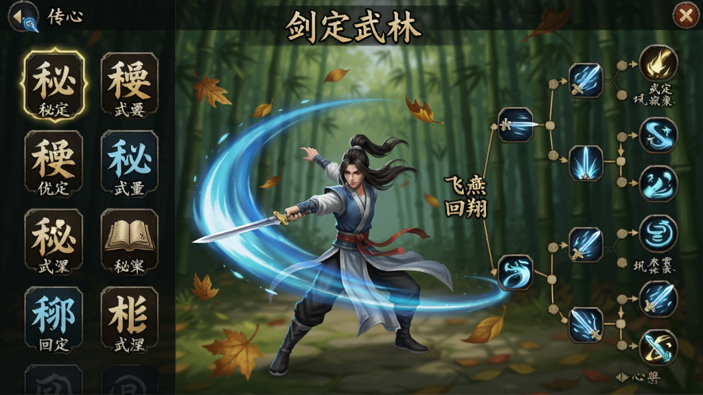 特写展示游戏内武学界面,左侧排列着各种秘籍图标,右侧是技能树连接图,中央角色正在施展“飞燕回翔”剑招,剑气轨迹呈蓝色弧形,周围有落叶纷飞,背景是竹林,画面清晰展现“剑定武林”游戏元素,适配Boogu模型。
