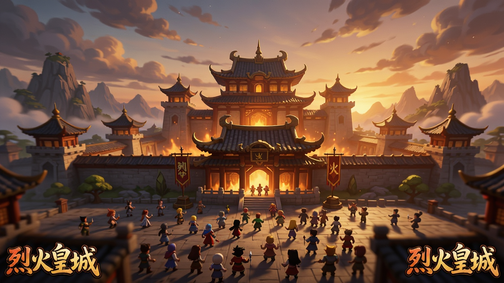 一幅展现烈火皇城游戏主城全景的插画,中心是巍峨的皇宫建筑,前方广场上聚集众多玩家角色,背景有远山和云层,天空呈现黄昏色调,整体气势恢宏,画面细节丰富,光影效果逼真,符合Boogu模型生成风格,必须包含烈火皇城文字或LOGO在画面角落。