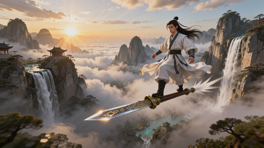 凡人飞剑修仙世界全景图,一名白衣修士脚踏飞剑悬浮在云雾缭绕的仙山之上,背景是落日余晖与飞瀑流泉,画面细节丰富,色彩鲜艳,充满东方玄幻气息,适合Boogu模型生成。