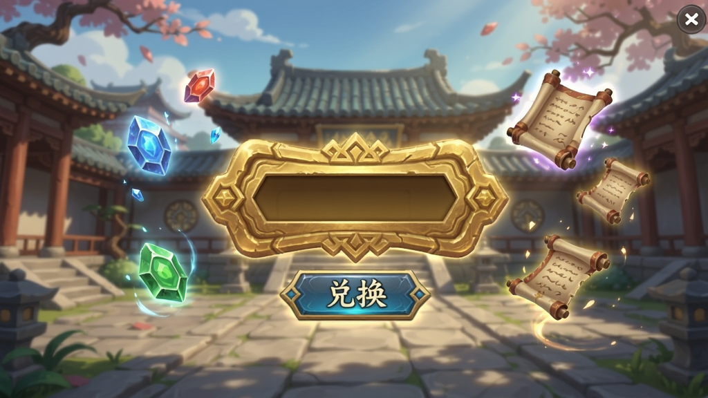 凡人飞剑兑换码礼包领取界面,背景为古风庭院,界面中央有一个金色的令牌形状输入框,旁边有“兑换”按钮,周围漂浮着灵石和卷轴特效,Boogu模型生成。