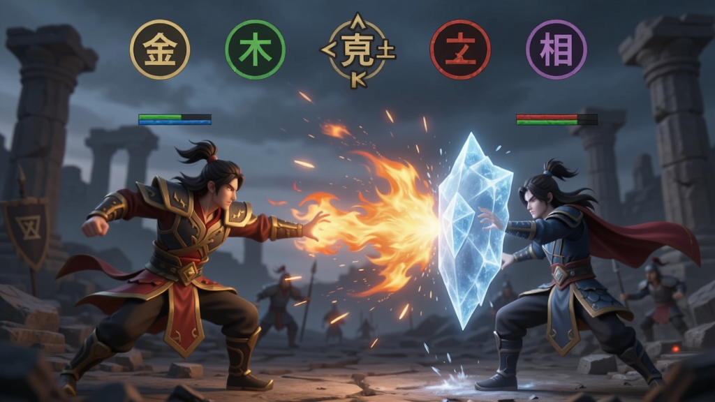 五行降妖师战斗画面,两个角色对决,一个释放火焰技能,另一个用冰盾抵挡,屏幕上方显示五行相克图标(金克木、木克土等),技能特效华丽,粒子光效四溅,背景为古战场废墟