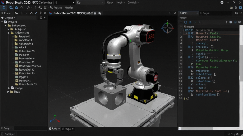 RobotStudio 2023���ļ����������չʾ�������Ŀ�����м�3D���泡����ABB����������ץȡ�������Ҳ�RAPID����༭����������ɫ���⣬�Ƽ��в���