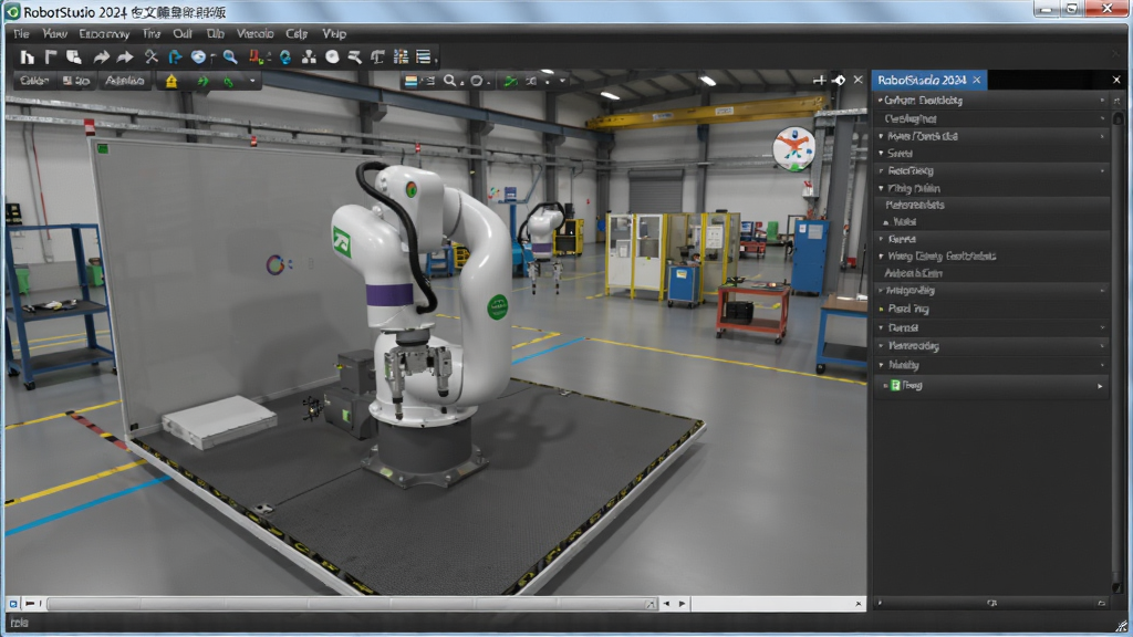 RobotStudio 2024中文破解版主界面,展示机器人仿真工作台与编程面板,背景为工业车间环境