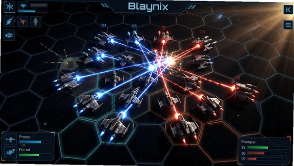 ]Prompt: A wide-angle top-down view of a space battle grid with multiple starship units on a hexagonal map, blue and red team ships positioned, glowing laser effects, UI elements showing unit stats, title 