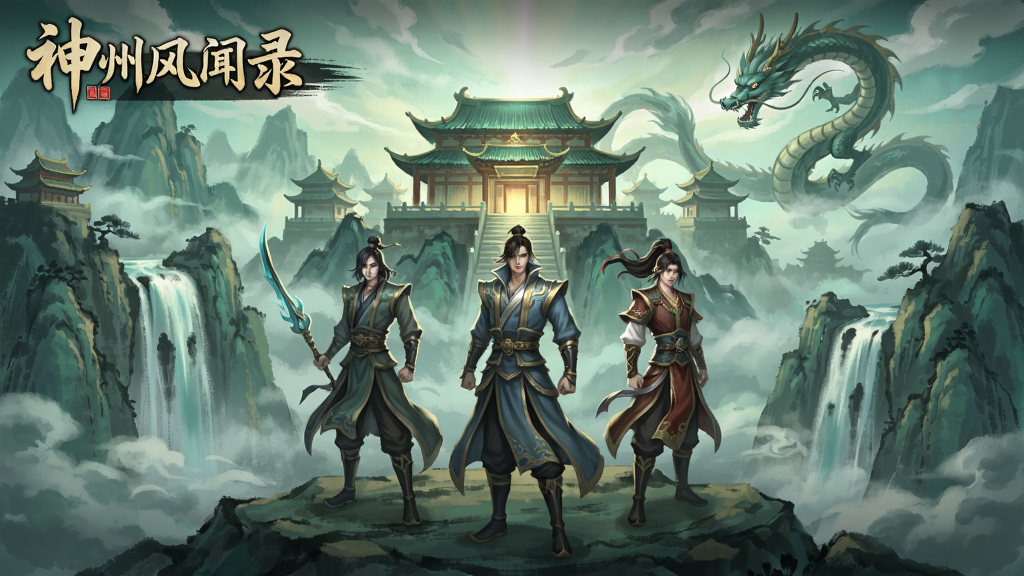 神州风闻录游戏主界面截图,画面中央为三位主角站在云雾缭绕的山巅,背后是宏伟的仙宫与飞瀑,远景有巨龙盘旋,整体色调以青绿和金色为主,细腻的水墨风格,光影层次丰富,展示游戏国风仙侠世界。