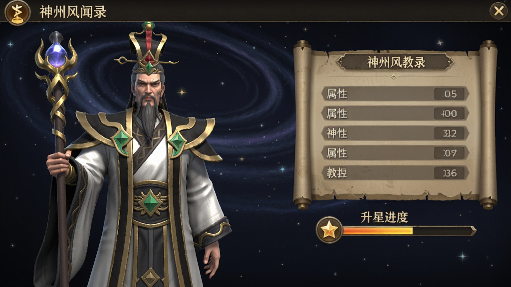神州风闻录神仙养成界面预览,左侧是通天教主的3D模型展示,右侧是属性面板与升星进度条,背景是星辰流转的夜空,界面UI采用金色镶边与古籍卷轴风格,整体氛围庄重而神秘。