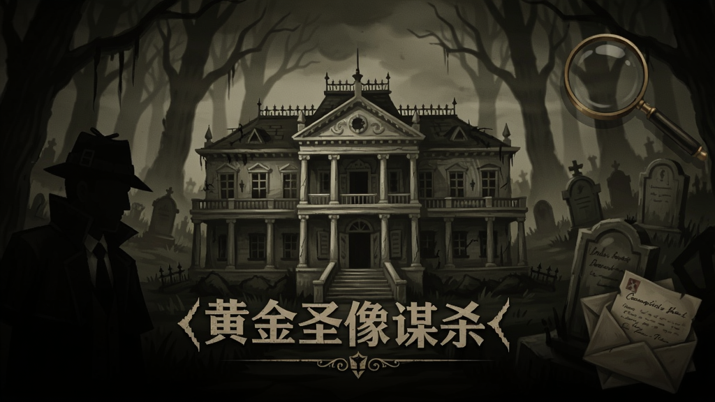 一张展现《黄金圣像谋杀案》游戏主界面的宽幅场景图,画面中央是一座阴森的殖民时期庄园,左侧有侦探人物剪影,右侧散落着放大镜、信件等线索道具,整体色调为复古棕色与暗绿色,营造悬疑氛围,背景为模糊的森林与墓碑。