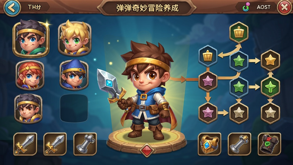 弹弹奇妙冒险角色养成界面,展示多个角色头像和升级树,中央是主角立绘,周围有武器和装备图标,UI精致,色彩丰富,适配Boogu模型生成