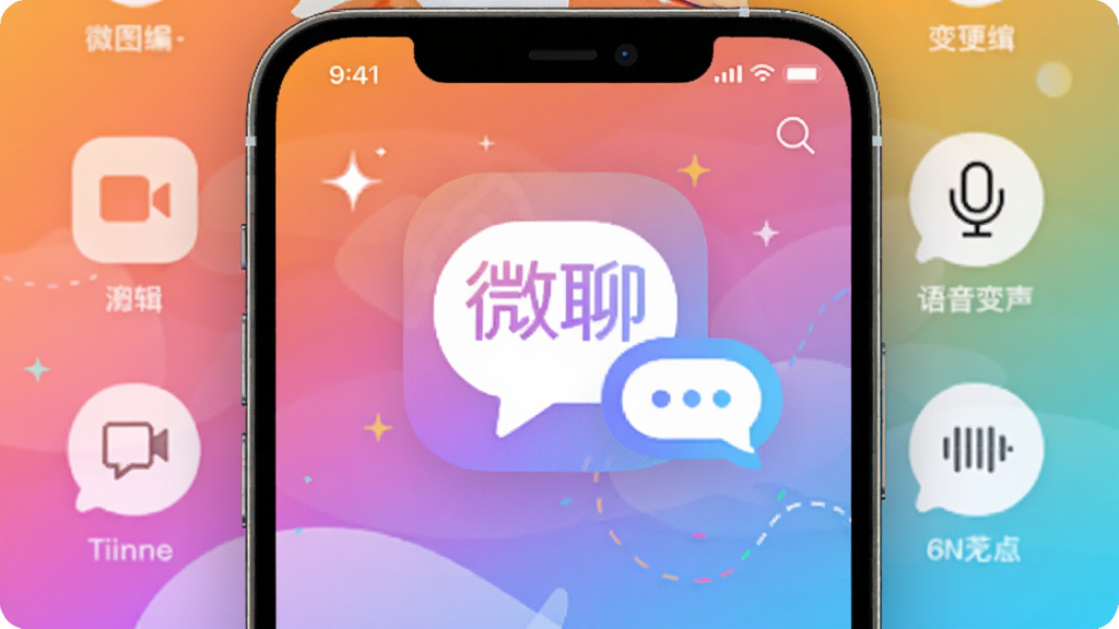 微聊核心全貌:一款集聊天、截图编辑、语音变声于一体的社交App,界面简洁现代,背景为渐变色,中央显示微聊Logo与聊天气泡,整体风格明亮活泼