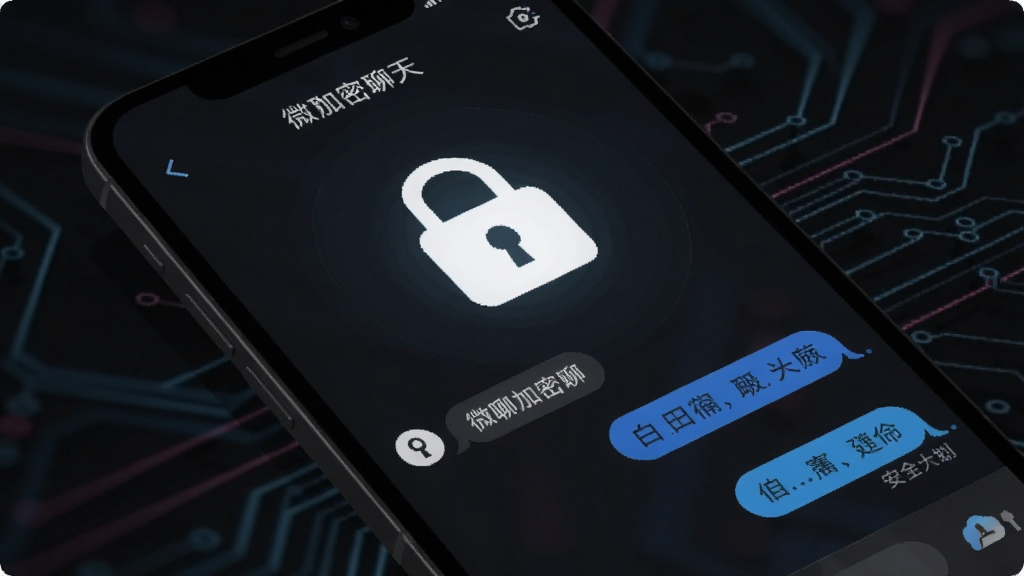 微聊加密聊天界面:手机屏幕显示加密锁图标与聊天记录,背景为深色科技感,锁符号发光,暗示安全,画面简洁清晰