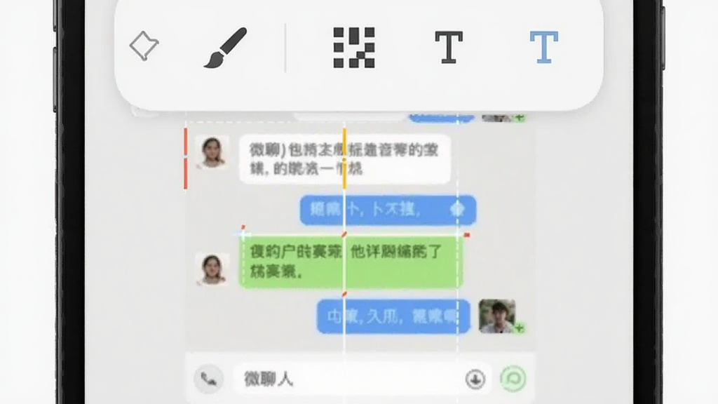 微聊截图编辑界面:展示手机屏幕上截图编辑工具栏,包含画笔、马赛克、文字工具,背景为浅色,画面中间是一张被编辑的聊天截图
