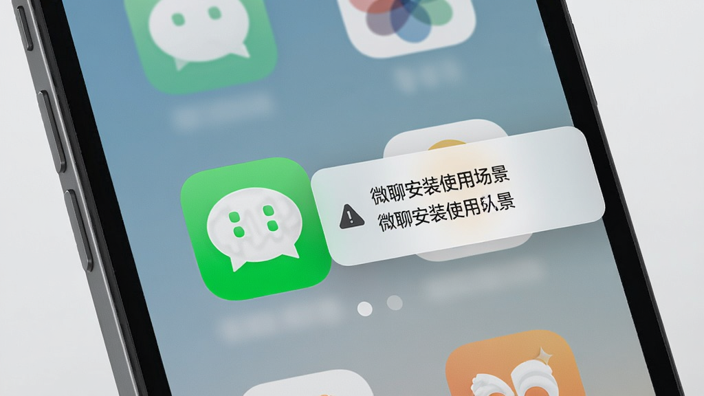 微聊安装使用场景:手机桌面显示微聊图标,周围有权限提示框,背景为简约风格