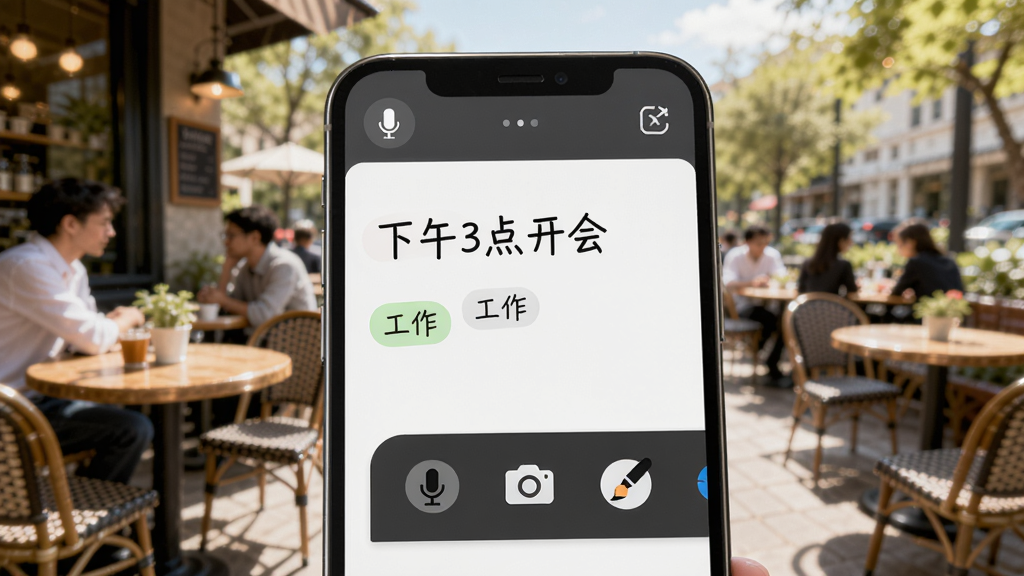 如下软件的极速记录功能演示图,手机界面显示麦克风图标、相机图标和画笔图标,背景是模糊的室外咖啡馆,光线明亮,屏幕上的笔记内容显示“下午3点开会”并自动添加了“工作”标签,整体画面活跃,突出快速记录与智能标签。