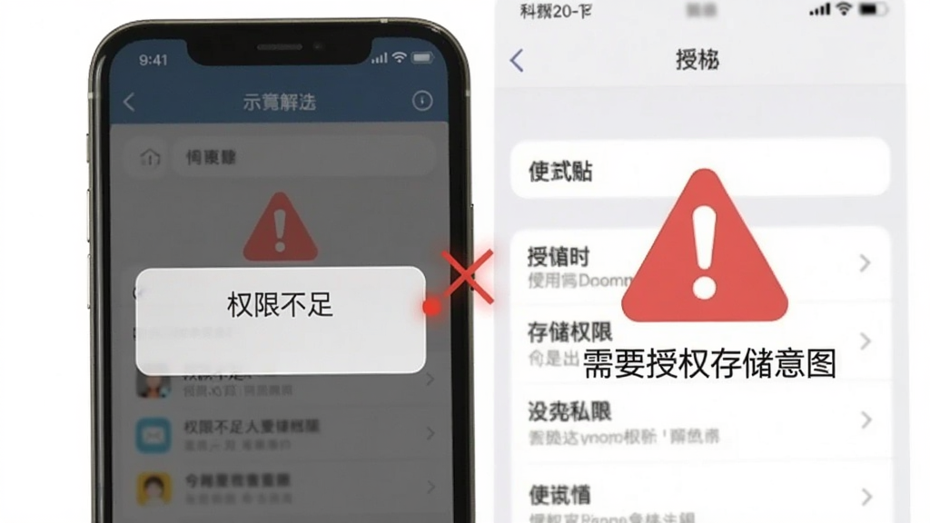 如下使用问题解决示意图,手机屏幕上显示一个对话框提示“权限不足”,旁边有一个红色警告标志,背景是设置界面,突出需要授权存储权限。