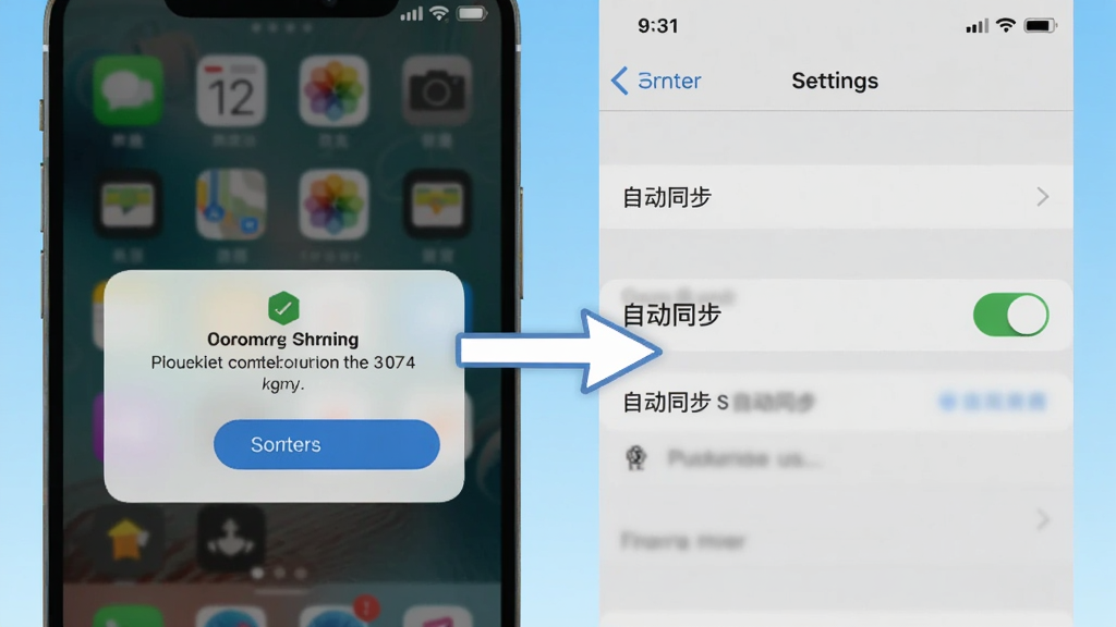 如下安装设置步骤图解,一张手机屏幕截图展示权限授予弹窗,另一张展示设置界面中“自动同步”开关,背景为浅蓝色渐变,画面突出操作指引的清晰易懂