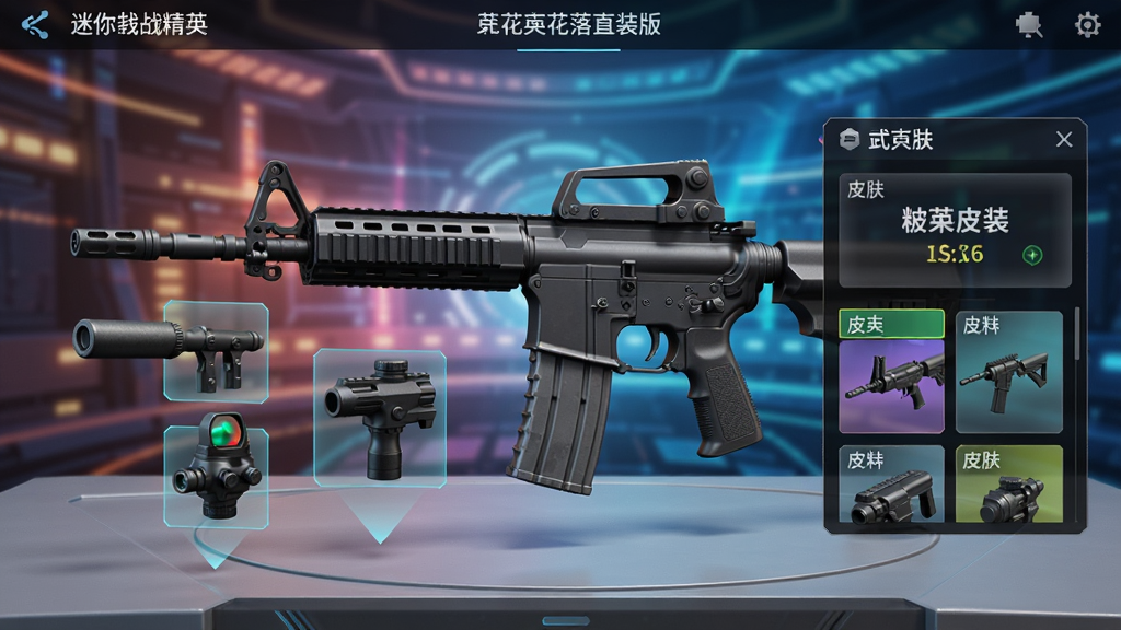 迷你枪战精英花落直装版武器改装界面,桌面展示一把M4A1步枪,旁边悬浮配件图标(消音器、红点镜、垂直握把),弹窗显示皮肤选择面板,颜色鲜艳,科幻风格背景,界面整洁,3D渲染效果