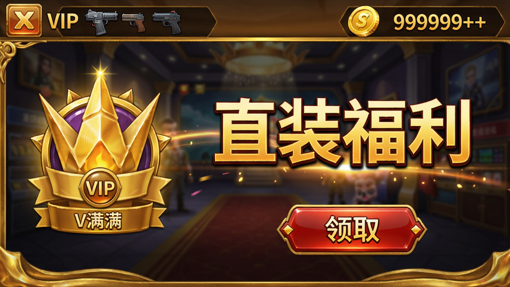 迷你枪战精英花落直装版福利界面截图,左侧显示VIP满级图标,右侧金币钻石数量999999+,界面UI采用金色边框和流光特效,按钮为红色“领取”样式,背景为游戏大厅,突出“直装福利”四个大字,整体喜庆华丽