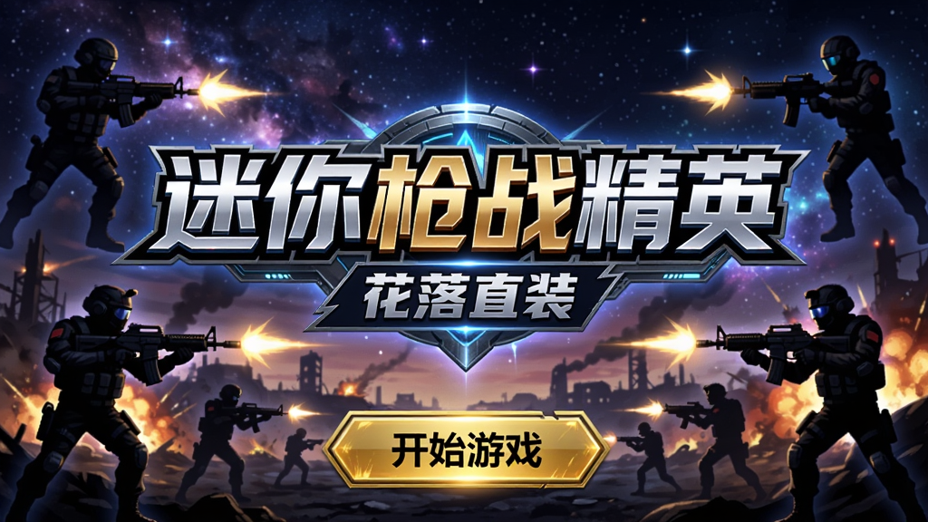 迷你枪战精英花落直装版游戏启动画面,背景是星空下的战场,中间大logo“迷你枪战精英”,下方有“花落直装”字样,按钮为金色“开始游戏”,整体科技感,色彩炫酷,角色剪影环绕