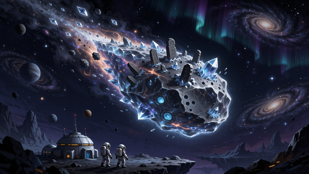 COMET游戏核心全貌,一颗巨大璀璨的彗星悬浮在暗紫色宇宙背景中,彗星表面覆盖着发光冰晶与远古石碑,地面有宇航员角色和一座小型基地,天空极光流转,远处星系朦胧,整体色调蓝紫与橙红交织,细节丰富,16:9横版构图,适合游戏宣传图。