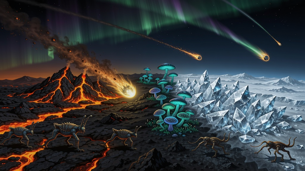 COMET动态生态系统场景展示,彗星表面一半被炽热岩浆覆盖另一半被冰晶覆盖,中间过渡地带生长着发光菌菇,几只体型奇特的外星生物正在迁移,天空中有两道极光交织,远处可见陨石坠落轨迹,画面充满科幻感与生命力,16:9宽幅插画风格。