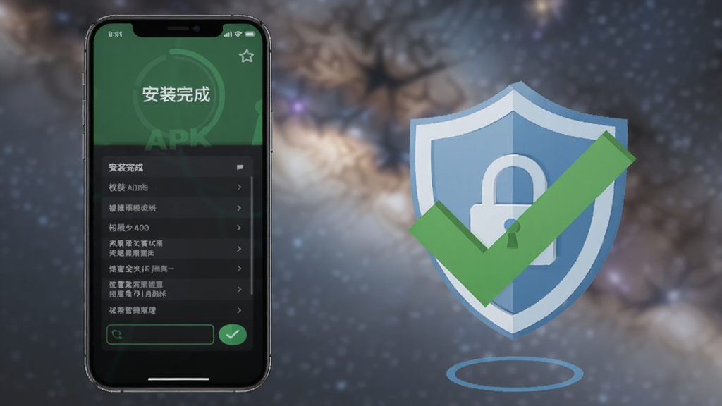 COMET游戏安全安装与权限管理提示图,画面左侧是一部智能手机正在安装APK,屏幕显示“安装完成”和权限列表,右侧有绿色对勾和盾牌图标,背景是模糊的星空,整体风格简洁安全,适合教程配图。