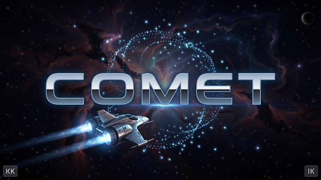 COMET游戏主界面,一艘银色宇宙飞船在星云背景中飞行,画面中央是游戏标题COMET,周围有发光粒子,科幻风格,4K高清,游戏截图