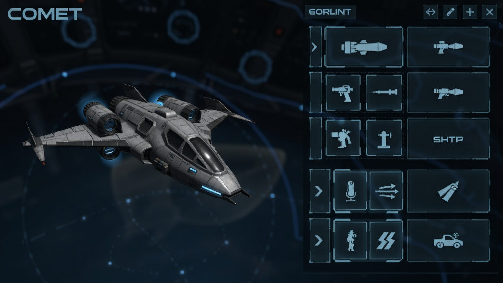 COMET飞船自定义界面,左侧显示飞船3D模型,右侧列出武器槽位和升级选项,UI简洁科幻,蓝色调,游戏截图