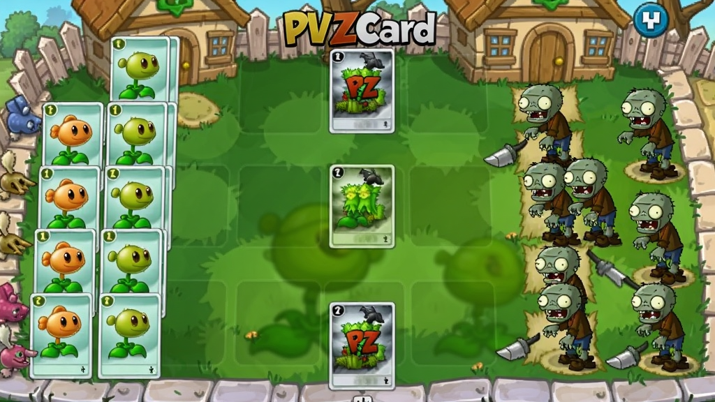 植物大战僵尸卡牌版PVZCard电脑版,画面中央展示卡牌对战界面,左侧植物卡组,右侧僵尸进攻路线,背景是草坪和房子,卡通风格